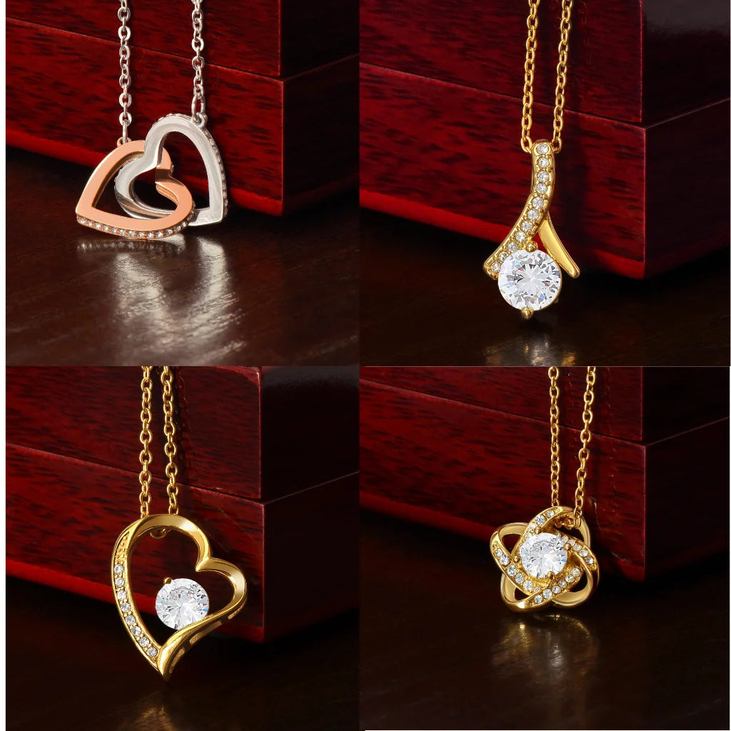 Collage of gold necklaces with heart and circular pendants on a dark surface.