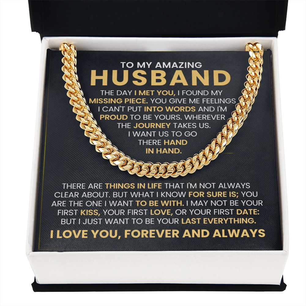 Gold chain necklace in a box with sentimental message for an amazing husband.