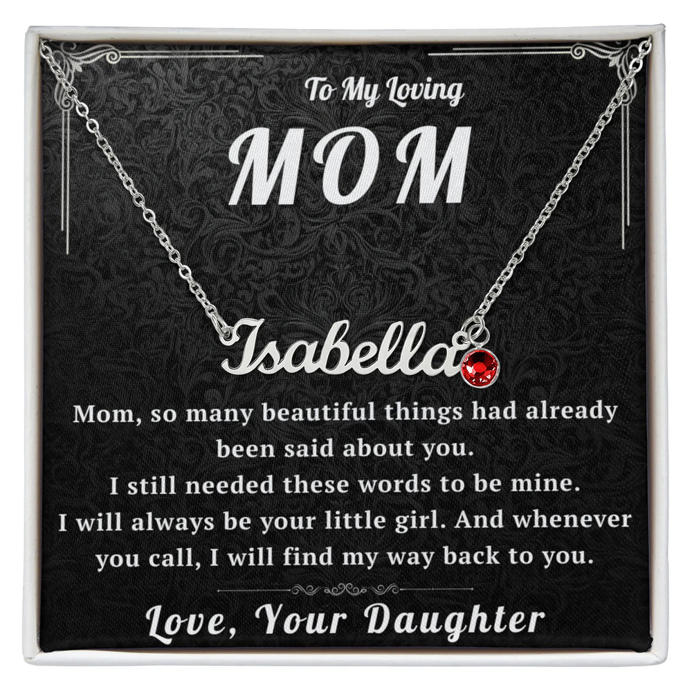 Necklace with a red heart pendant on a decorative card for 'To My Loving Mom', featuring personalized text.
