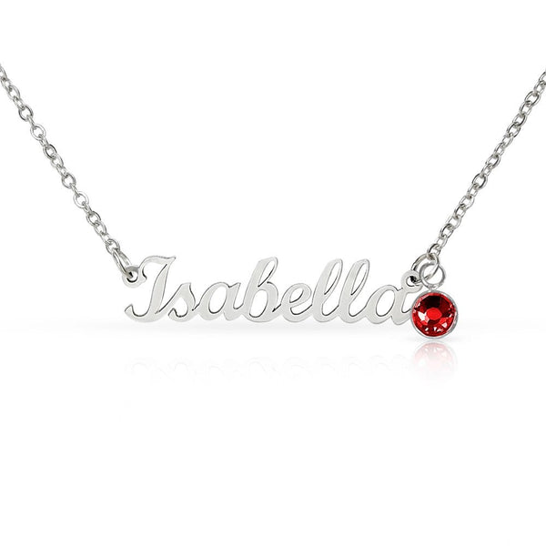 Silver necklace with 'Isabella' and a red gemstone on a white background