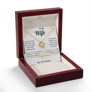 Necklace with a card in a wooden box labeled 'To My Wife'.