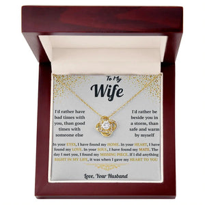 Necklace with heart design in a wooden box with sentimental message for wife