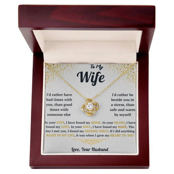 Necklace with heart design in a wooden box with sentimental message for wife