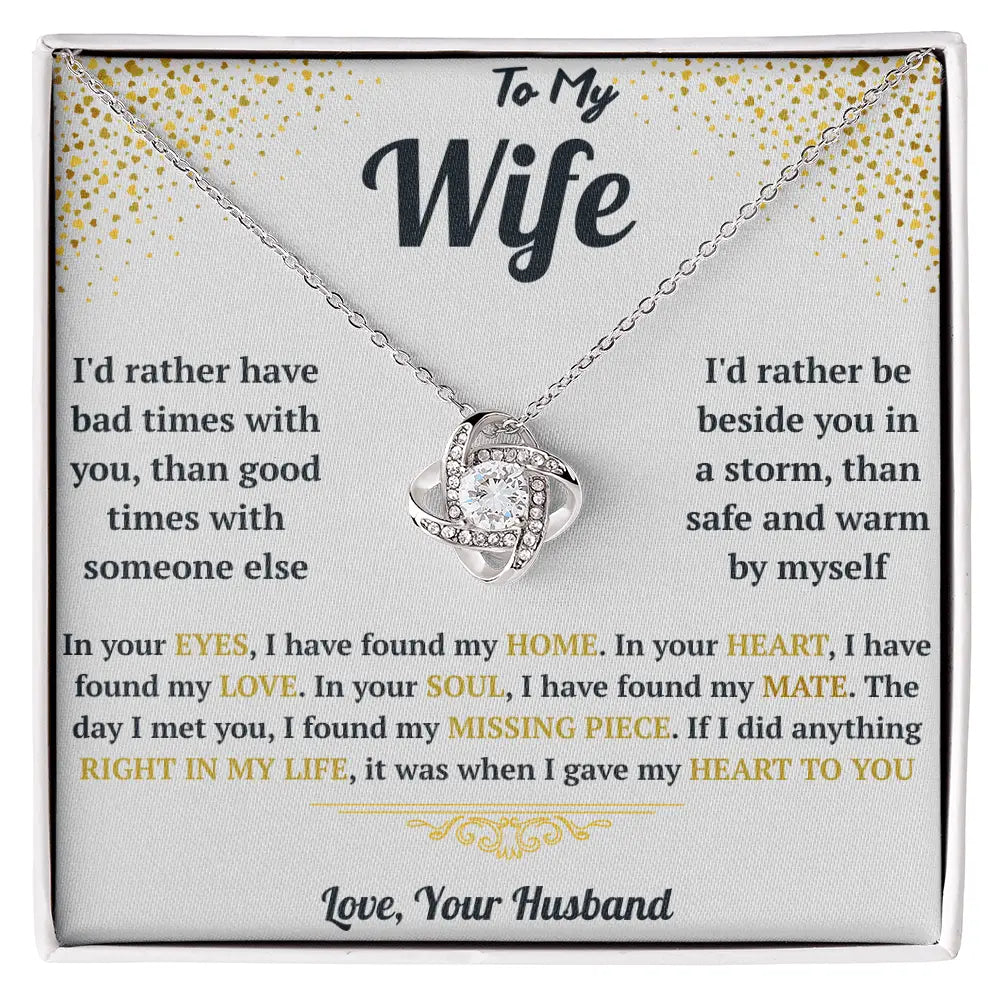Heart-shaped necklace in a gift box with sentimental message for wife