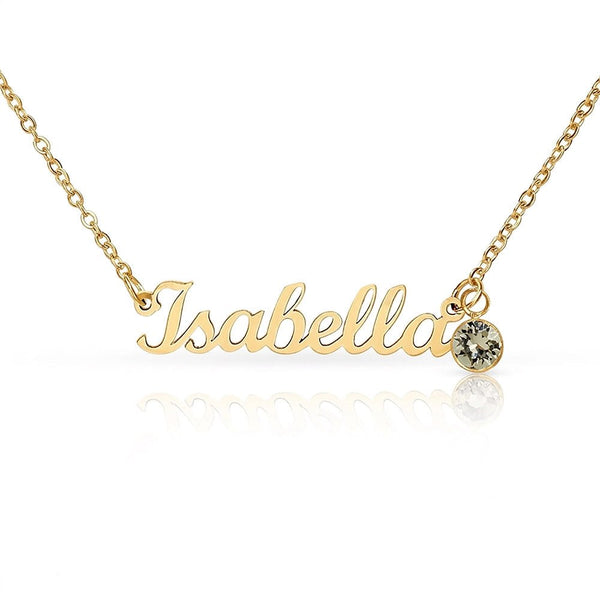 Gold name necklace with 'Isabella' and a small gemstone on a white background