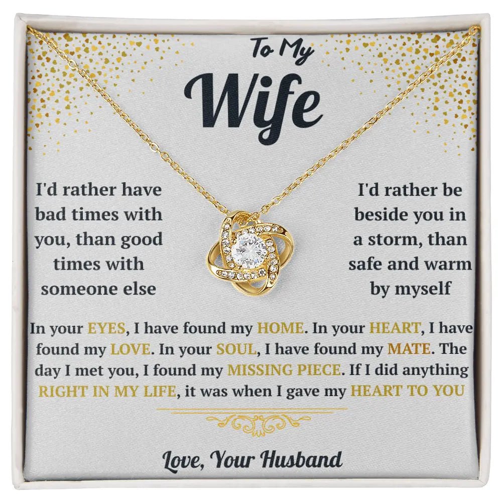 Heart-shaped necklace in a gift box with sentimental message for wife
