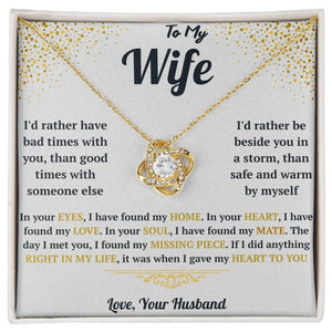 Gold necklace with heart-shaped pendant on a card for a wife, featuring sentimental text.