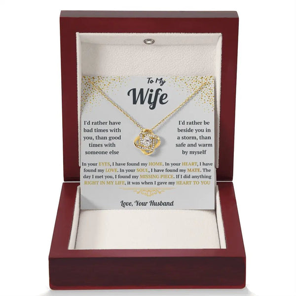 Necklace with heart pendant in a wooden box with sentimental message card, on a white background