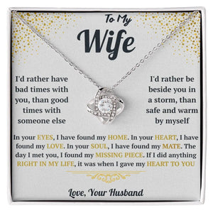 Heart-shaped necklace in a gift box with sentimental message for wife