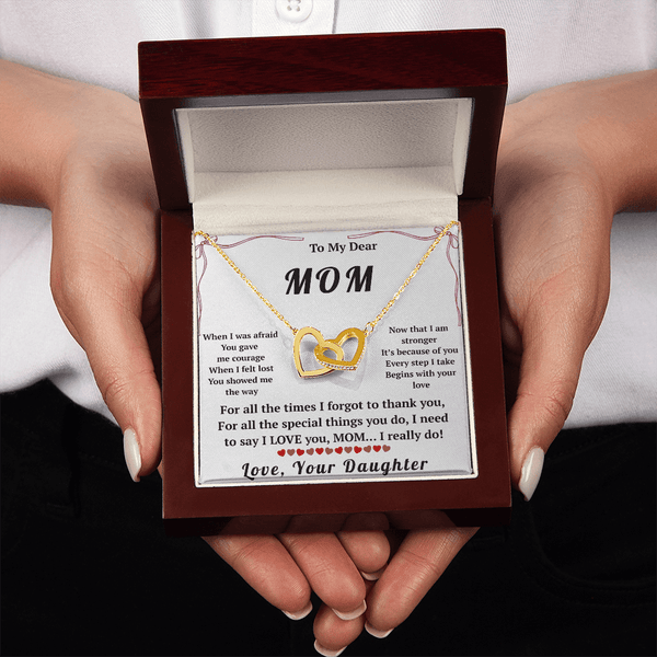 To My Dear Mom Interlocking Hearts Necklace with Message Card from Daughter - HEARTEN